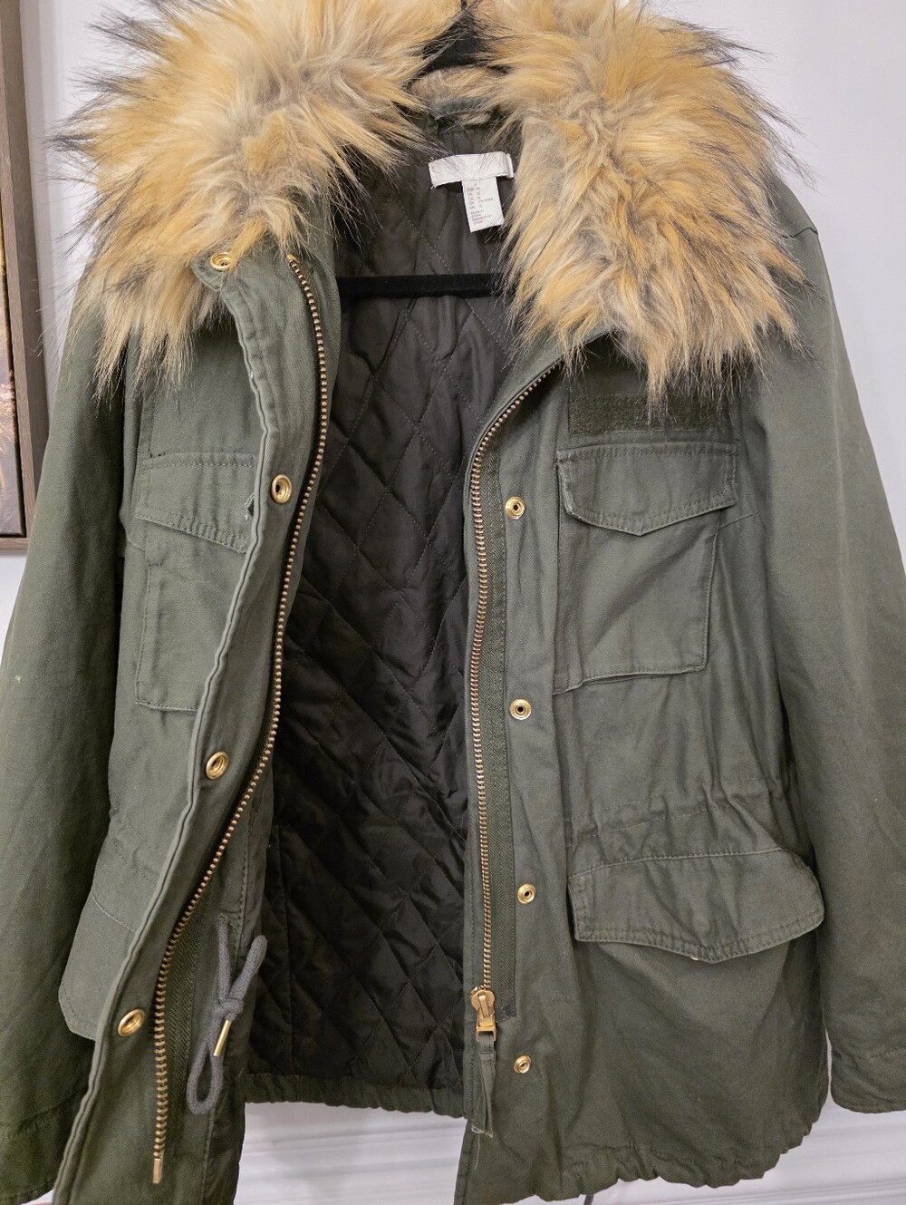 H&M Army Green Utility Parka 100% Cotton Imitation Fur Size 12
